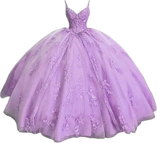 CLcaojun Vestidos de quinceañera con apliques de encaje de tul, cuello en V, vestido de baile con cuentas, tirantes delgados, vestidos de 16 para adolescentes, Lila, 38