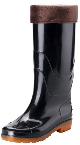 SRTUMEY Botas de lluvia altas para mujer, botas de agua altas con forro polar hasta la rodilla, botas de agua impermeables para mujer, botas de lluvia cálidas de invierno, sin cordones para