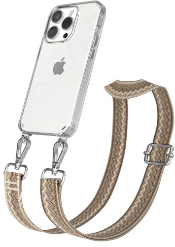EAZY CASE Handykette - Verstellbares Taschenband kompatibel mit iPhone 15 Pro, Schulterriemen, Handykordel mit Silikon Hülle, Umhängetasche, Hell Braun Braun Silber