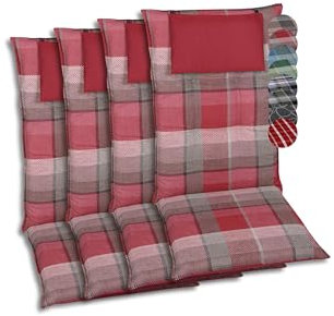 GO-DE Textil Bequeme und attraktive Polsterauflagen für Mittellehner-Gartenstühle (4er-Set, Karo Rot-Grau, Mittellehner)