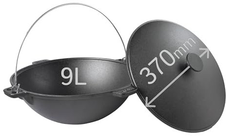 BIOL Gusseisen Kessel (Kazan) 9 Liter mit Bügel und Gusseisen Deckel, vier Griffe, Schmortopf zum Kochen, Schmoren, Braten, Frittieren, WOK für Plov, für offenes Feuer, Camping, Outdoor