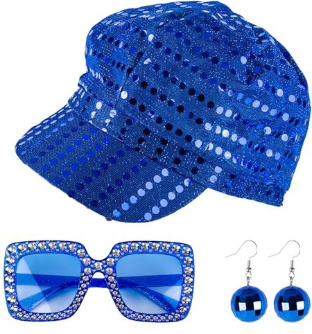 GWAWG Vintage-Disco-Paillettenhut mit Sonnenbrille, Ohrringen, blauer Glitzer, Abba-Stil, Kostümzubehör-Set für Erwachsene, Frauen, Motto-Party, Geburtstag, 3 Stück