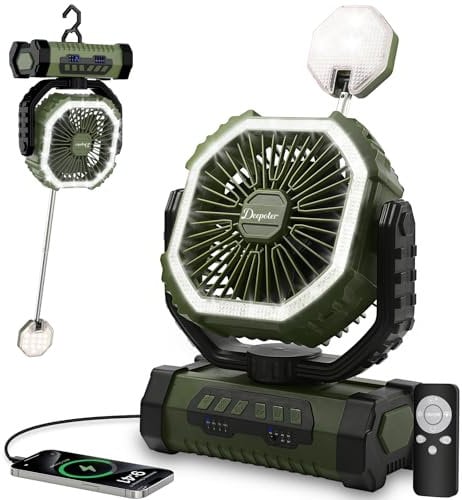 Camping Ventilador 20000mAh, Ventilador USB Recargable Portátil Escritorio con Luz LED, Control Remoto y Gancho para Hogar, Ufficio, Tienda, Exterior Viajes, Spiaggia, Picnic, Pesca, Verde