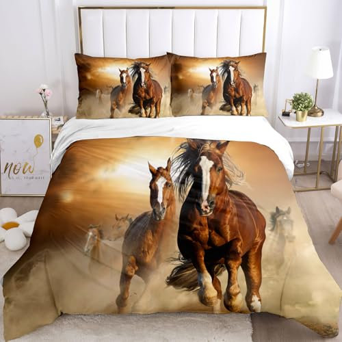 IUNTWEIE Juego de ropa de cama de 135 x 200 cm, diseño de caballos 3D con cremallera, ropa de cama de microfibra muy suave y agradable, con 2 fundas de almohada de 50 x 75 cm (caballos-5, 135 x 200 cm