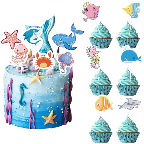 Colorich 24 Stück Meerestiere Cake Topper, Ozean Thema Tortendeko Geburtstag, Muffin Deko Meerestiere, unterwasser deko kindergeburtstag Geburtstag Party Kuchen Dekorationen