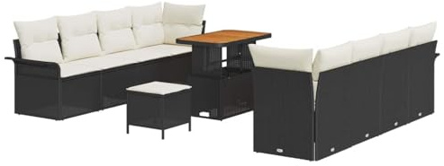 vidaXL Garten-Sofa-Set mit Kissen mit Kissen 11 pcs Schwarz und Creme, Verstellbare Füße, Outdoor Sofa, Gartenmöbel, Modulares Sitz, Lounge, Rattan Arrangement, Terrasse