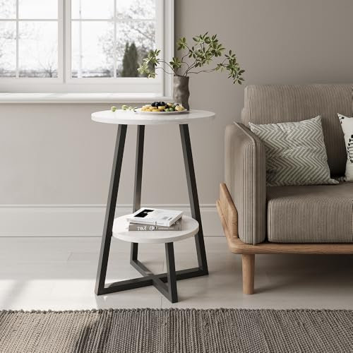 Warmiehomy Side Table with 2 Tier Storage Shelves Small Round Coffee Table End Tables Modern Slim Bedside Table for Living Room Bedroom Small Spaces
