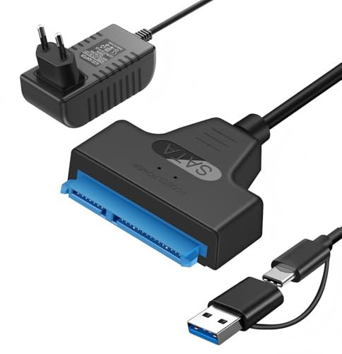 Adaptador USB 3.0 a SATA, Cable SATA a USB Compatible SSD HDD 2,5 y 3,5, hasta 5Gbps con UASP, Incluye Fuente 12V 2A, Compatible con Windows, Mac OS, Linux para Disco Duro Externo Interno