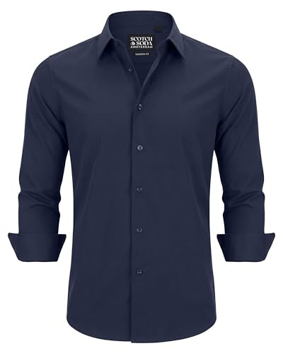 Scotch & Soda Men's Modern Fit Stretch Dress Shirt - Slim Silhouette for Business, Formal Events, Office & Casual Wear, Navy, 16 Neck