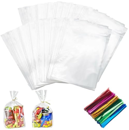 200 Pièces Sachet Bonbon Transparent 15x 20cm avec 200 Attaches Métalliques | Sachet Cellophane Transparent pour Anniversaires, Fête Emballer des Biscuits, Pain, Pâtisseries, Biscuits, Bonbons