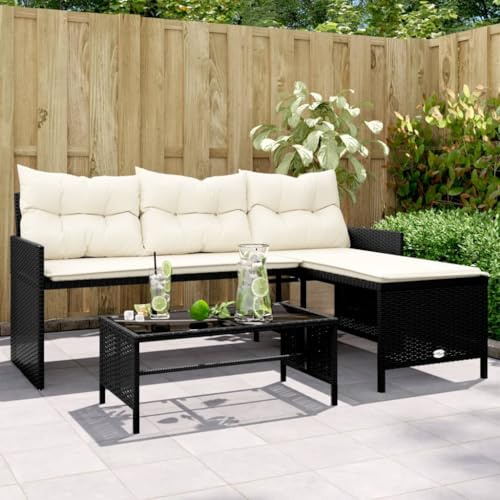 Canapé de Jardin en Forme de L Noir en Poly Rotin Résistant avec Coussins Amovibles + Table Basse en Verre Trempé pour Terrasse et Balcon, 170x120cm, 3 Places