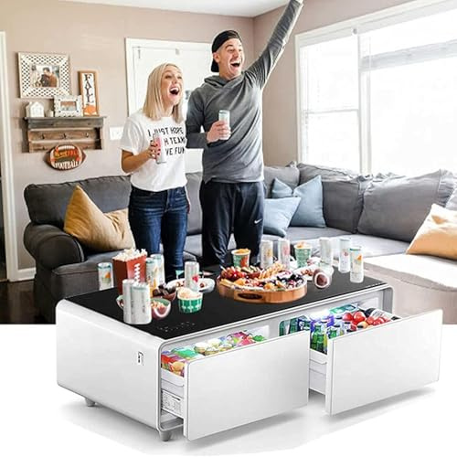 Smart Coffee Table with Touch Control, 135L Refrigerator Cooling Drawer, Wireless Charging, Bluetooth Speaker, Stylish Side Table for Living Room & Bar
