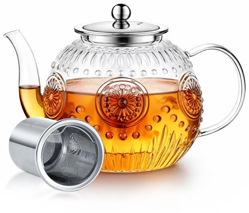 Tea Pot 1200ml, STNTUS Glass Teapots with Infuser, Tea Infuser Teapot for Loose Tea, Herbal Tea Pot with Strainer and Lid, Large Teapots for 4-6 Cups, Stovetop Safe