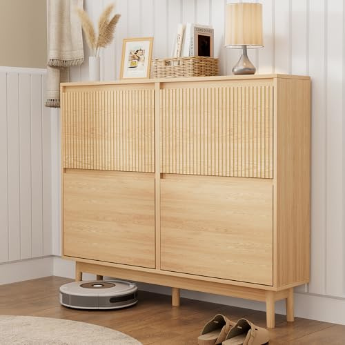 VOWNER Schuhschrank mit 4 Klappen, Versteckter Schuhschrank Schmal mit Flip Schubladen, Schuhregal Eingang für 16-28 Paar Schuhe, L120xT23.8xH98 cm