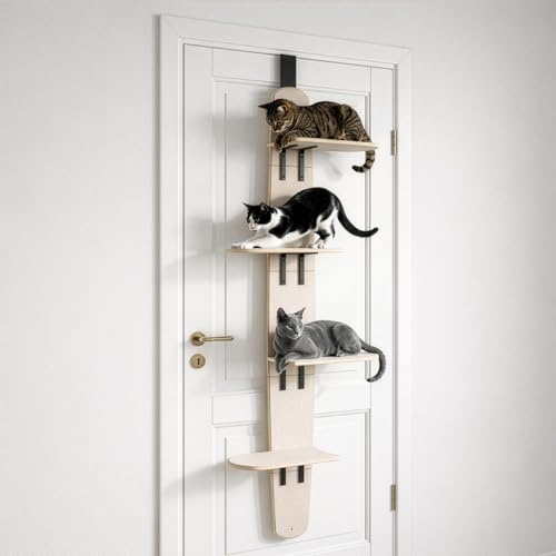 Over Door Cat Tree Climbing Shelf, 170cm 4 Perches Door-Mounted Cat Climber Shelves Wooden Cat Ladder with Removable Soft Mat for Indoor Space Saving 4-Tier Kittens Tower Beige