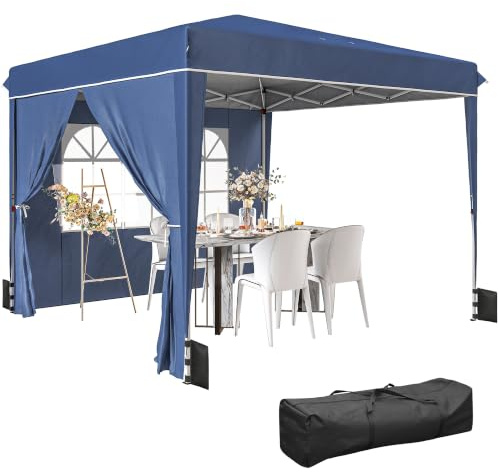 Outsunny Pavillon 3 x3 m Wasserdicht Höhenverstellbar Pop-up Dunkelblau | Faltpavillon mit 2 Seitenteilen, UV 50+, Faltbar, Partyzelt, Gartenzelt mit Tasche, Sandsäcke, Gartenpavillon