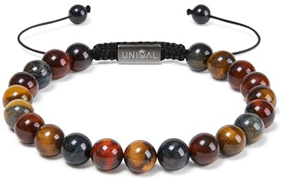 UNIQAL | Damen Armband Perlen Set Naturstein | Edelstein Armbänder mit Tigerauge Lapislazuli Hämatit Onyx Lava Unisex | Verstellbar | Geschenk Armband Männer Schmuck