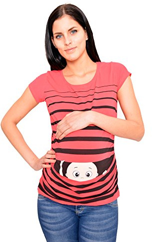 M.M.C. Umstandsshirt Kurzarm Damen mit Guck-Guck-Motiv – Umstandsmode T-Shirt für die Schwangerschaft, mitwachsende Raffung, 95% Baumwolle, S bis XL