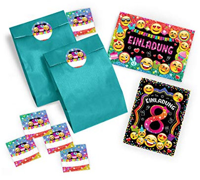 JuNa-Experten 12 Einladungskarten zum 8. Kindergeburtstag für Mädchen incl. 12 Umschläge, 12 Geschenktüten/türkis, 12 Aufkleber