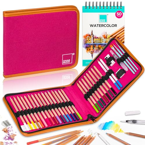 Colour Block Travel Art Set in einer Leinen-Tasche mit Reißverschluss, mit Skizzier- und Buntstiften und Zeichnungs-Tools 34 PC Watercolor Set