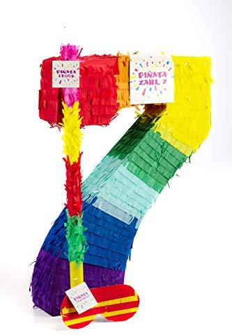Trendario Zahl 7 Pinata Set, Pinjatta + Stab + Augenmaske, Ideal zum Befüllen mit Süßigkeiten und Geschenken - Piñata für Kindergeburtstag Spiel, Geschenkidee, Party, Hochzeit