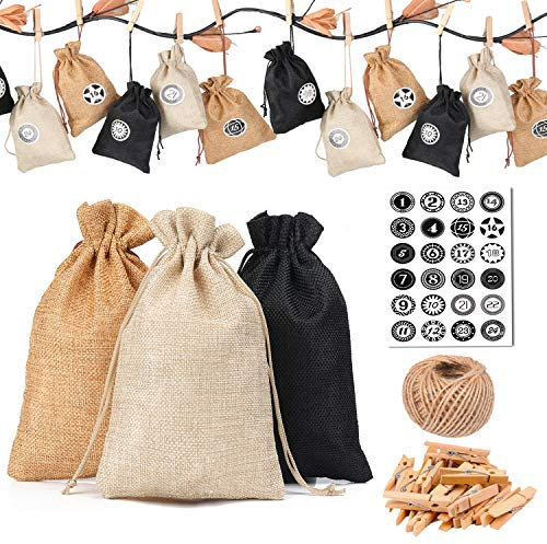 KATELUO 24 Stücke Adventskalender Stoffbeutel mit 24 Adventszahlen Aufkleber, Weihnachtskalender, DIY Festival Geschenksäckchen,Jutesäckchen Bastelset