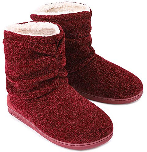 Ladies Bootie Slippers Memory Foam Fur Collar Bootee Plush Lined Women Boots with Non Skid Indoor Outdoor Sole, 7/8 UK, Burgundy