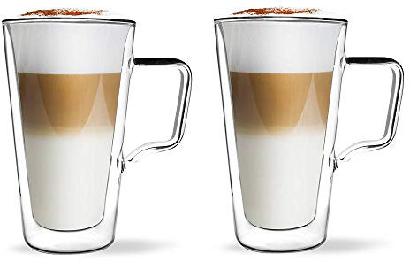 Vialli Design Thermogläser Doppelwandig Latte Macchiato Kaffee Tee Cappuccino Kaffegläser Thermoglas mit Henkel Teegläser Coctail Groß 2 TLG. Set Diva 350 ml
