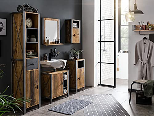 Woodkings® Bad Set Detroit 5teilig recycelte Pinie Metall grau, Badezimmerset Badschrank Set Industrie Design, Badmöbel