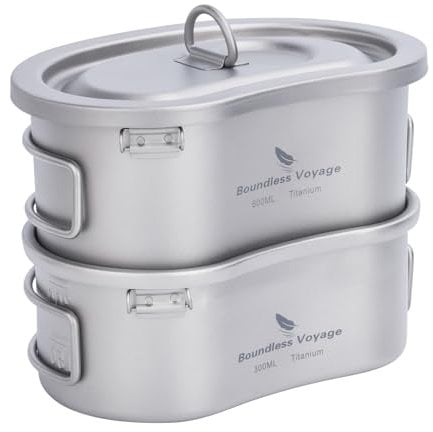 Boundless Voyage Titanium Pot Cup Set with Folding Handles Hanging Ring Outdoor Camping Ultralight Portable Mess Kit
