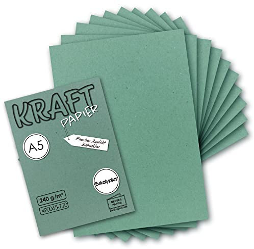 50x Vintage Kraftpapier in Eukalyptus-Grün - DIN A5-21 x 14,8 cm - 240 g/m² - nachhaltiges natur-Grünes Recycling-Papier, ökologisch Bastel-Karton Einzel-Karte - NEUSER PAPIER
