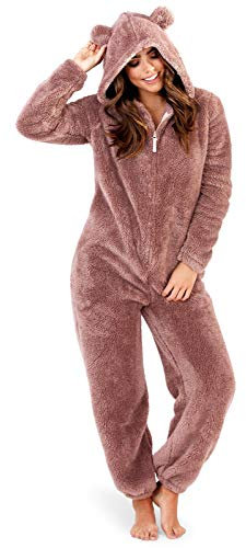Loungeable Damen Jumpsuit Overall Tiere Gesichter Öhrchen 3D Kapuze Taupe Sherpa All in one with Ears 798085TAU L