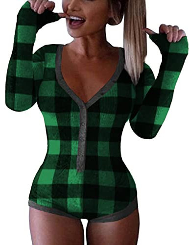 Roselux Damen Sexy Tiefer V-Ausschnitt Shorts Langarm Gestrickt Einteiler Bodysuit Sexy Pyjama Onesie Bodycon Strampler Overall, G-Schwarz und Grün Buffalo Plaid, XL