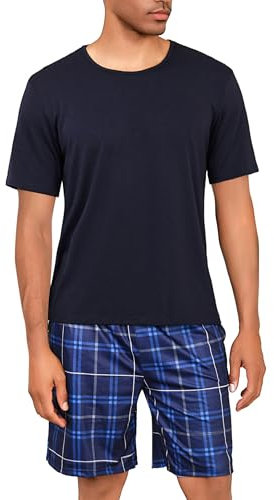 Uniexcosm Pyjama Homme Court Coton Ensemble Short Col Rond Manches Courtes Haut et Bas Ete avec Poches Latérales A-Bleu Marin XL