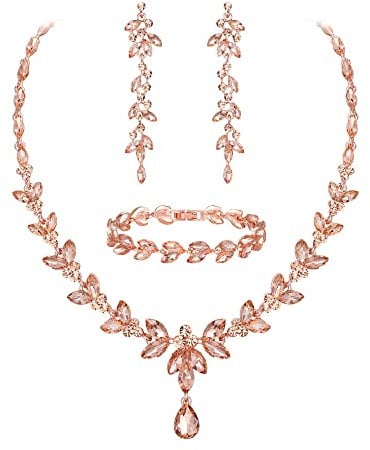 Ever Faith Marquise Crystal Party Jewellery Sets for Bride, Gorgeous Leaf Rhinestone Necklace Dangle Earrings Tennis Bracelet Set Champagne Rose Gold-Tone
