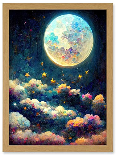 Doppelganger33 LTD Dreamy Night Sky Moon Stars Colourful Clouds Kids Cute Artwork Framed Wall Art Print A4