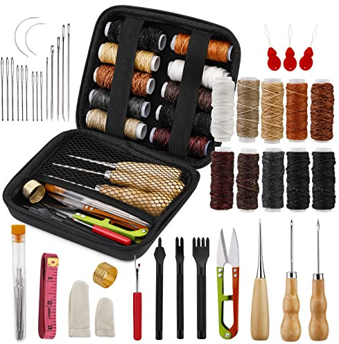 Kit Couture Cuir Fil Couture Cuir Kit De Couture En Cuirs Kit De Réparation | 42 Outils et Fournitures de Travail du Cuir Avec Aiguilles à Coudre en Fil Ciré et Poinçon à Griffes pour Projets D'artisanat