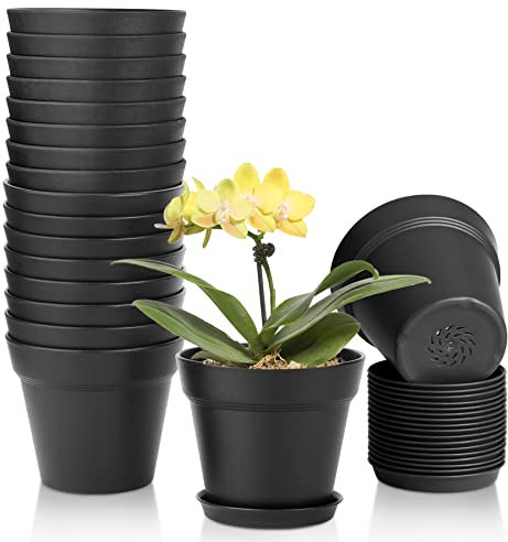 T4U Vaso da Fiori in Plastica da 12,5 cm con Sottovaso, Set di 18 Vasi per Piante, Vaso per Erbe con Fori di Drenaggio Multipli, Vaso da Fiori per Esterni, Vasi da Fiori Piccoli,Vaso da Fiori Nero