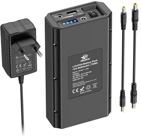 melasta 5V 9V 12V 6000mAh Power Bank con Caricabatterie, LiFePO4 Powerbank Portatile con LED Display 3 Uscita e 1 Ingresso Compatibile con Smartphone, Striscia LED, Telecamera di Sorveglianza, Huawei