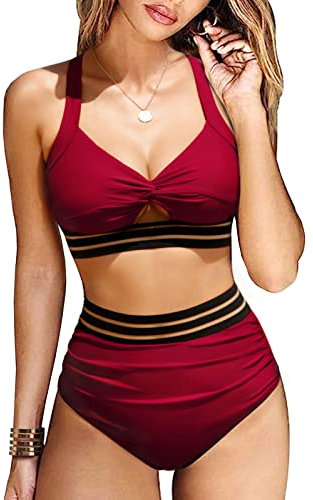 UMIPUBO Damen Bikini Bauchweg High Waist Push Up Bikini Sets Zurück Kreuzen Swimsuit Große Brüste Bademode Sexy Badeanzug Strandbikini(Weinrot,XL)