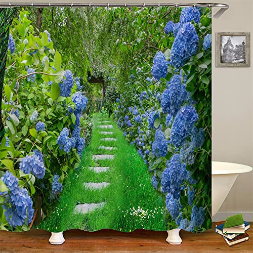 JIANGLANY Spring Scenery Shower Curtain Blue Hydrangea Green Plant Stone Path to Garden Bathroom Decor Waterproof Fabric Curtains with Hooks 180x180cm (4)