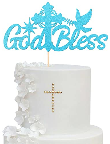 Xsstarmi 1 Pack God Bless Cake Topper Glitter Dove Cross Baptism First Communion Cake Picks for Christening Religious God Bless This Child Baby Shower Kids Birthday Party Cake Decorations Blue