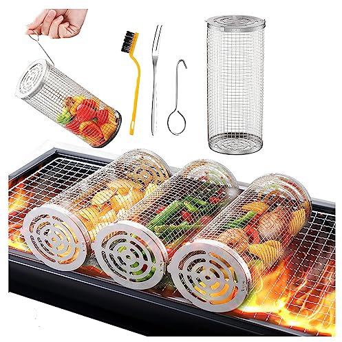 Mise à Niveau Panier de Barbecue en Acier Inoxydable Panier de Cuisson pour Gril Roulant Grille Ustensiles Barbecue pour Grillades Grille Barbecue Ronde pour Grillades, Légumes, Crevettes(1PC-30CM)