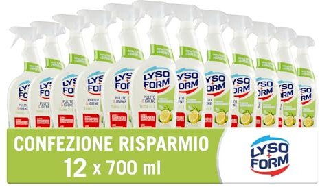 Lysoform Spray Tutto in 1 Tè Verde e Limone, Spray Disinfettante Superfici, con Agente Pulente di Origine Naturale, Fragranza Biodegradabile, Adatto per Uso Quotidiano, 12 Pezzi da 700 ml