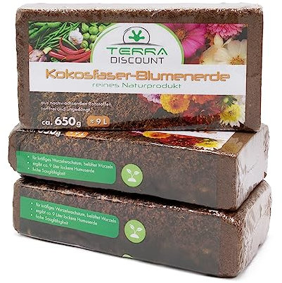 Terra Discount Kokosfaserhumus *Blumenerde* 3X ca.650g (ergibt ca. 27 Liter), Kokoserde als Hochbeeterde und für Pflanzen/Zimmerpflanzen, aus nachwachsenden Rohstoffen, torffrei und ungedüngt