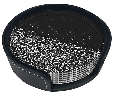 Faduni Schwarz-Weiße Glitzer-Leder-Untersetzer, 6 Stück, Rund, 10 cm Durchmesser, 5 cm Höhe, für Getränke, Zuhause und Küche
