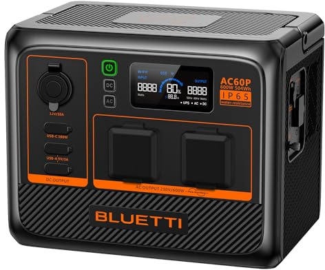 BLUETTI Power Station portatile AC60P, capacità 600 Wh, 1000 W (picco 1200 W), uscite AC, soluzione energetica compatta per viaggiare