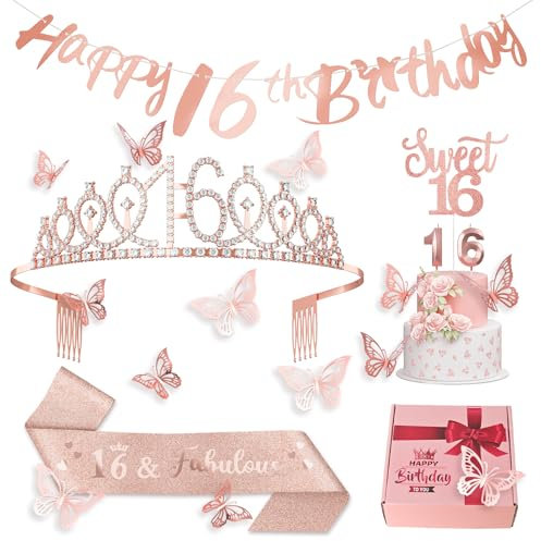 16. Geburtstag Mädchen Dekoration 16 Geburtstag Schärpe, Tiara, Kuchentopper, Nummer 16 Kerzen, Alles Gute Zum 16. Geburtstag Banner, 3D Schmetterling 12pcs für Geburtstagsparty Deko Accessoires