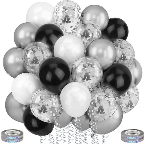 Ziamzra Luftballons Silber und Weiße Set 12 Zoll Luftballon Geburtstag Chrom Silber Konfetti 60 Stück Ballon Schwarz Weiße Helium Ballons Metallic mit Bändern für Hochzeit Kinder Party Jubiläum