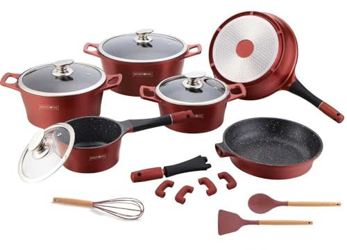Royalty 17-teiliges Topf-Set aus Aluminiumguss, antihaftbeschichtet, Beschichtung aus Lavastein, Induktion und Gas, Glasdeckel, inklusive Werkzeug RL-ES1014M (Bordeaux)